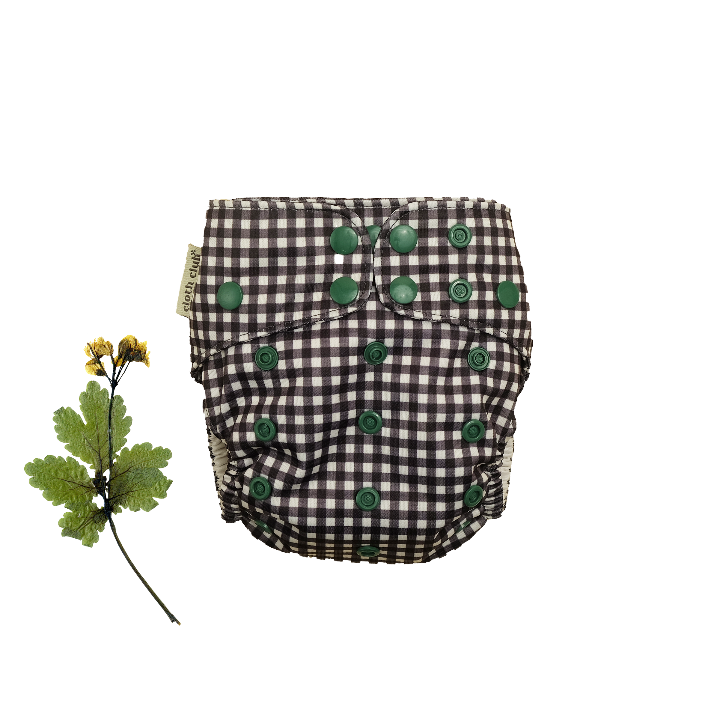 'Hunt and gather' is a gender neutral print that's got loads of personality. It features a fine, deep charcoal and beige gingham with hunter green snaps that really pop! Cloth Club Reusable Cloth Nappy
