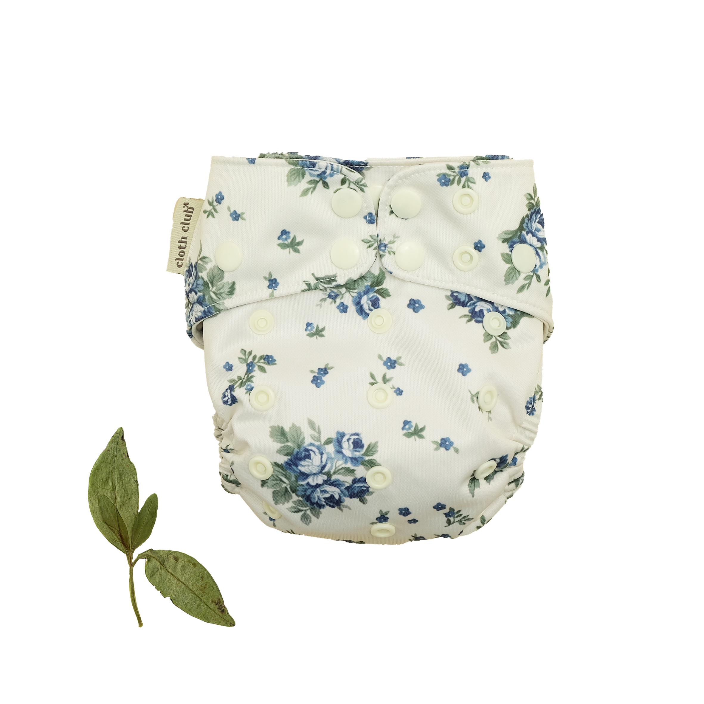 'Roses in Blue'm' is a stunning, not-strictly feminine, floral print with a vintage feel. It features an ivory background that showcases a bouquet of hand-illustrated blue roses with sage green leaves.. Cloth Club Reusable Nappies